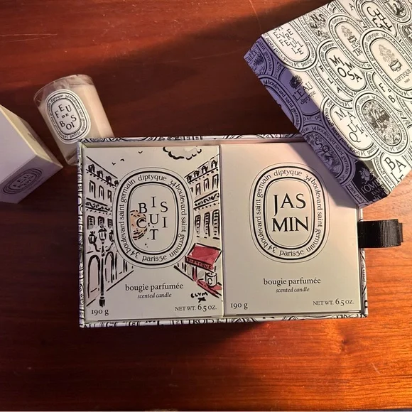 Diptyque bundle: 2 empty classic candle jars w box; partly used mini; gift box. - Picture 3 of 5